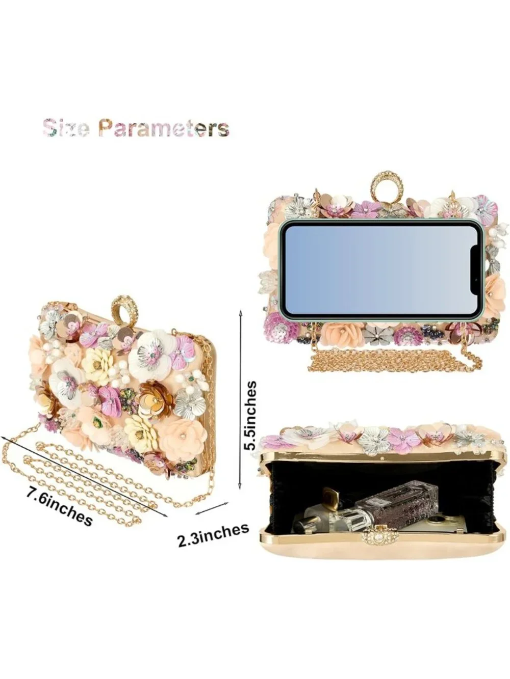 Floral Evening Clutch Bag with Rhinestones | Colorful Wedding Purse & Shoulder